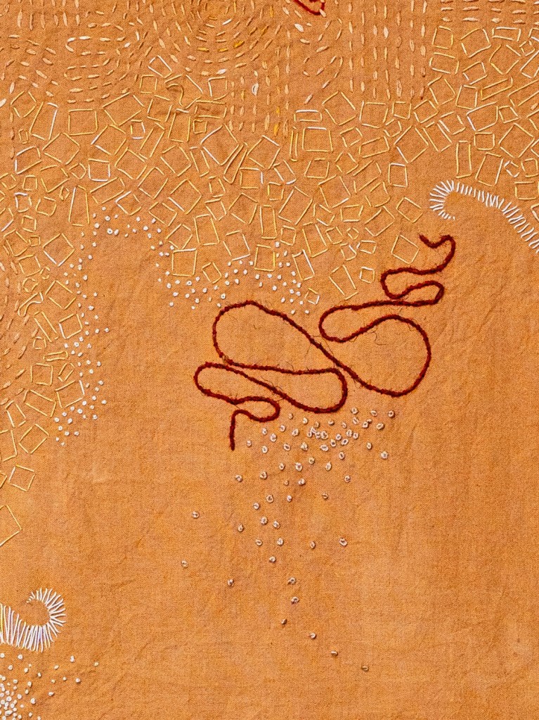 Walk within, 2024, hand-dyed cotton, hand-dyed cotton threads and yarn, 93 x 63 cm.